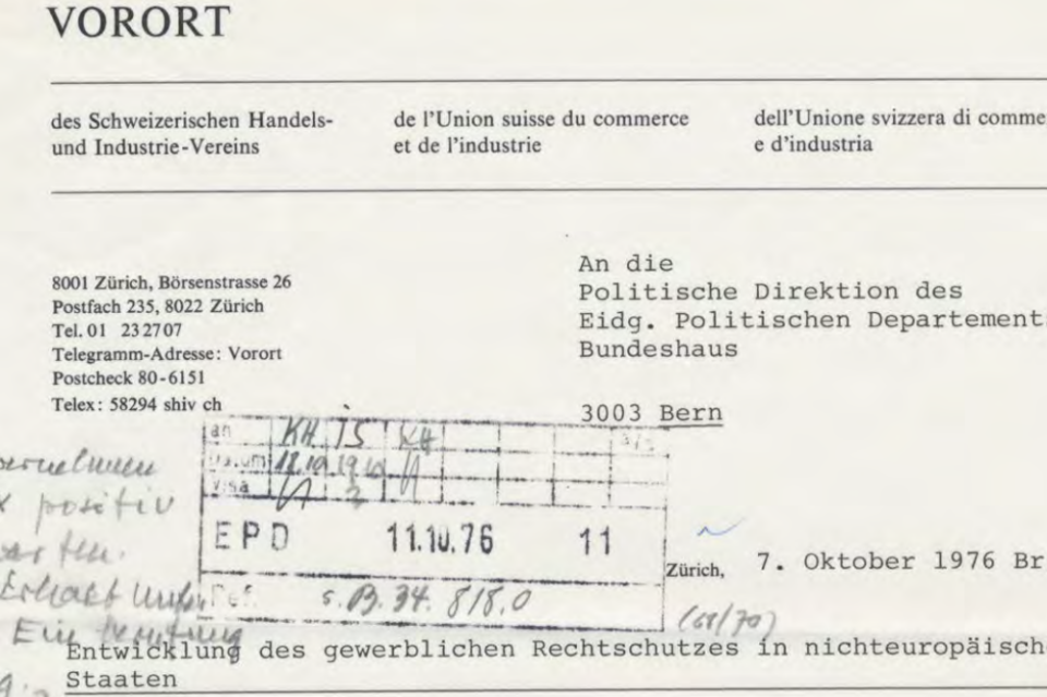 Sempre pronti a difendere gli interessi economici svizzeri all’estero. Intestazione di una lettera scritta dal presidente del Vorort G. Winterberger al Dipartimento politico il 7 ottobre 1976, dodis.ch/49928. Sempre pronti a difendere gli interessi economici svizzeri all’estero. Intestazione di una lettera scritta dal presidente del Vorort G. Winterberger al Dipartimento politico il 7 ottobre 1976, dodis.ch/49928.