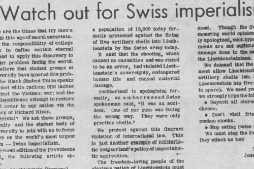 «The world's most urgent problem – Swiss imperialism.» Annonce du journal de l'université du Maryland «The world's most urgent problem – Swiss imperialism.» Annonce du journal de l'université du Maryland