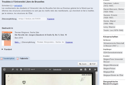 Si possono ora visualizzare le trascrizioni TEI-XML dei documenti con l'apparato critico e altre informazioni. Come ad esempio per dodis.ch/50609. Screenshot con un esempio della nuova pagina di dettaglio di un documento, nella fattispecie dodis.ch/50609.